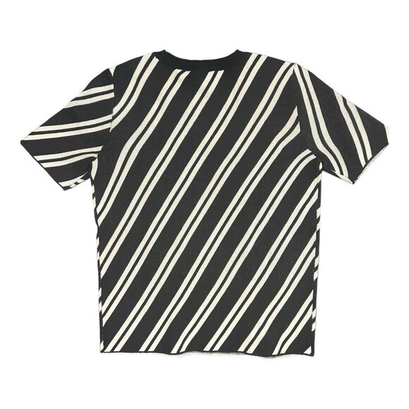 Ann Taylor Women's Black White Striped Stretch Knit Top | Medium Petite - Picture 2 of 8